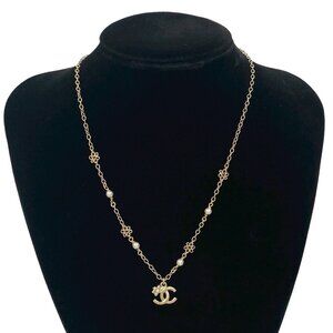 CHANEL Authentic Gold Pearl Logo Necklace